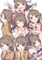 1girl arm_up armband arms_behind_back bare_arms bare_shoulders blush bow bowtie breasts brown_cardigan brown_eyes brown_hair cardigan character_name cleavage clenched_hand closed_eyes collar cropped_shirt detached_sleeves dress dress_shirt earrings facing_ahead facing_viewer floating_hair frilled_shirt frills from_side hair_bow hair_bun hands_on_own_chest hands_up happy heart heart_earrings holding holding_microphone idol idolmaster idolmaster_cinderella_girls jewelry kuresuku_(lessons) long_hair long_sleeves looking_at_viewer microphone midriff multiple_views navel no_pupils one_side_up pink_bow pink_dress pink_shirt plaid_clothes plaid_dress polka_dot polka_dot_bow red_bow red_bowtie ring school_uniform shimamura_uzuki shirt simple_background single_side_bun sleeveless sleeveless_dress sleeveless_shirt smile standing straight_hair surprised sweatdrop teeth upper_body upper_teeth_only v v-shaped_eyebrows white_background white_bow white_collar white_shirt white_sleeves worried wrist_cuffs
