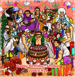 3girls 6+boys aokiji_(one_piece) arm_tattoo beard birthday_cake black_gloves blonde_hair blue_neckerchief box brown_hair cake candle cigar cloud commentary_request epaulettes facial_hair flower_wreath food formal_clothes fujitora_(one_piece) fur-trimmed_jacket fur_trim gift gift_box gloves goatee hair_bun happy_birthday hat helmeppo high_collar hina_(one_piece) jacket japanese_clothes kimono kizaru_(one_piece) koby_(one_piece) long_hair marine_(one_piece) meat monkey_d._garp muffin multiple_boys multiple_girls neckerchief one_piece open_mouth orange-tinted_eyewear pike_(one_piece) pink_hair purple_kimono sakazuki_(one_piece) sengoku_(one_piece) shina_(ooo417ooo) short_hair sideburns smile smoker_(one_piece) stitched_face stitches suit sunglasses tattoo tinted_eyewear tsuru_(one_piece) undercut vertical-striped_suit white_hair