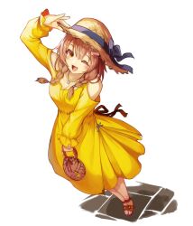 1girl ;d adjusting_clothes adjusting_headwear alternate_costume bag bare_legs bare_shoulders blue_bow blue_ribbon bone_hair_ornament bow braid breasts brown_hair cleavage commentary dot_nose dress hair_between_eyes hair_ornament hairclip handbag hat hat_bow hat_ribbon high_heels highres holding holding_bag hololive inugami_korone jewelry long_sleeves low_twin_braids medium_breasts medium_hair one_eye_closed open_mouth pendant red_ribbon red_shoes ribbon shoes smile solo straw_hat sue_(bg-bros) twin_braids virtual_youtuber white_background yellow_dress yellow_eyes