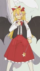 1girl bat_wings black_vest blonde_hair bolos bow bowtie elis_(touhou) hair_ribbon highres long_hair long_sleeves pointy_ears red_bow red_bowtie red_eyes red_skirt ribbon sharp_teeth shirt skirt solo star_tattoo star_wand tattoo teeth touhou vampire vest white_shirt wings