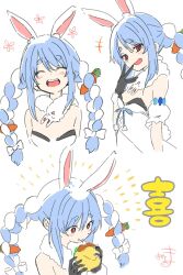 Rule 34 | +++, + +, 1girl, :d, :t, ^ ^, animal ear fluff, animal ears, black gloves, black leotard, blue hair, blush, bow, braid, brown eyes, burger, carrot hair ornament, closed eyes, closed mouth, commentary request, cropped torso, detached sleeves, don-chan (usada pekora), dress, eating, food, food-themed hair ornament, fur-trimmed gloves, fur trim, gloves, hair between eyes, hair bow, hair ornament, hand to own mouth, hand up, highres, holding, holding food, hololive, kiritoma, leotard, long hair, multicolored hair, multiple views, open mouth, puffy short sleeves, puffy sleeves, rabbit-shaped pupils, rabbit ears, short eyebrows, short sleeves, signature, simple background, smile, strapless, strapless dress, strapless leotard, symbol-shaped pupils, thick eyebrows, translation request, twin braids, twintails, two-tone hair, upper body, usada pekora, usada pekora (1st costume), very long hair, virtual youtuber, white background, white bow, white dress, white hair, white sleeves