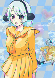 1girl absurdres animal_ears blue_background blue_hair brown_eyes checkered_background commentary_request fake_animal_ears genderswap genderswap_(mtf) harunoseki0414 highres looking_at_viewer marijuana multiple_views nyon_(randal&#039;s_friends) randal&#039;s_friends school_uniform serafuku short_hair skirt smoking yellow_serafuku