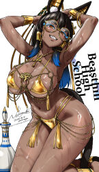 Rule 34 | ancient egyptian, animal ear fluff, animal ears, ankh necklace, anubis (mythology), armpits, arms behind head, arms up, artist name, barefoot, bikini, black hair, blue hair, blush, bracelet, breasts, cleavage, clenched teeth, colored eyelashes, dark-skinned female, dark skin, dated, eye of horus, fanbox username, glasses, gold bikini, gold bracelet, gyaru, hair ornament, hair tubes, highres, jackal ears, jackal girl, jackal tail, jewelry, kneeling, large breasts, long hair, long tail, looking at viewer, multicolored hair, narrow waist, navel, nekoguchi, orange eyes, original, round eyewear, shiny skin, stomach, swimsuit, tail, tail ornament, tan, teeth, thick thighs, thighs, twitter username, two-tone hair, underboob, white background, yellow-framed eyewear