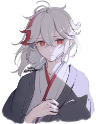 1boy aisumikannn3 closed_mouth commentary crossed_bangs genshin_impact grey_hair hair_between_eyes highres japanese_clothes kaedehara_kazuha kimono looking_at_viewer male_focus multicolored_hair red_eyes red_hair simple_background solo streaked_hair twitter_username upper_body white_background white_kimono
