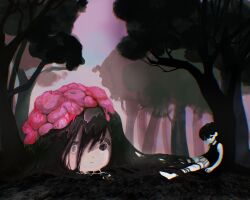 1boy 1girl absurdres against_tree arms_at_sides bare_arms barefoot black_eyes black_hair black_shorts black_tank_top brain brother_and_sister closed_mouth exposed_brain full_body guro hair_behind_ear hair_between_eyes hands_on_ground heterochromia highres long_hair mari_(headspace)_(omori) mari_(omori) no_mouth omori omori_(omori) on_ground outdoors severed_head short_hair shorts siblings sitting striped_clothes striped_shorts tairiku tank_top tree vertical-striped_clothes vertical-striped_shorts white_eyes white_shorts