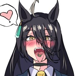 132109chisato 1girl absurdres animal_ears black_choker black_coat black_hair blush cherry_stem cherry_stem_knot choker coat collared_shirt ear_tag earrings eyes_visible_through_hair hair_between_eyes heart highres horse_ears horse_girl jewelry long_hair long_hair_between_eyes looking_at_viewer manhattan_cafe_(umamusume) multicolored_hair necktie open_mouth shirt simple_background single_earring solo spoken_heart tongue tongue_out umamusume very_long_hair white_background white_hair white_shirt yellow_eyes yellow_necktie