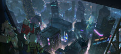 1boy 2girls anby_demara billy_kid breasts city cityscape commentary_request crop_top cutoffs cyborg from_above green_jacket headphones highres humanoid_robot jacket large_breasts multiple_girls nicole_demara night pink_hair red_jacket renyu1012 robot rooftop scenery science_fiction single_thighhigh spiked_hair strapless thighhighs tube_top two_side_up white_hair white_tube_top wide_shot zenless_zone_zero