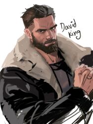 Rule 34 | 1boy, beard, black eyes, broad shoulders, brown hair, coat, david king (dead by daylight), dead by daylight, dopey (dopq), facial hair, fist in hand, grey shirt, highres, looking at viewer, male focus, mature male, shirt, short hair, undercut, white background