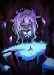 absurdres ahoge chest_jewel elizabeth_rose_bloodflame gem highres hololive hololive_english huge_ahoge koseki_bijou long_hair multicolored_hair multiple_girls purple_gemstone purple_hair red_hair statue sword two-tone_hair very_long_hair virtual_youtuber vonv_(sejvon) weapon