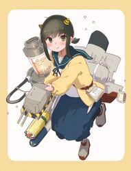 Rule 34 | 1girl, absurdres, alternate costume, beans, black socks, blue sailor collar, blue skirt, blush, border, brown hair, chest sarashi, cone horns, fake horns, fubuki (kancolle), full body, green eyes, green sailor collar, grey footwear, hair between eyes, highres, hip vent, holding, holding turret, horns, jacket, kantai collection, kneehighs, long skirt, looking at viewer, low ponytail, ma rukan, open clothes, open jacket, outline, ponytail, rigging, rounded corners, sailor collar, sarashi, school uniform, serafuku, setsubun, shirt, sidelocks, skirt, smile, smokestack, socks, solo, torpedo, turret, white background, white outline, white shirt, yellow border, yellow jacket