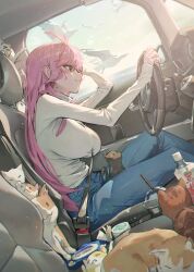1girl absurdres antenna_hair bandaid bandaid_on_finger between_breasts bird blue_pants bottle breasts car car_interior car_seat cat closed_eyes closed_mouth cup disposable_cup drinking_straw driving dutch_angle from_side highres jhigf large_breasts long_hair mole mole_on_neck motor_vehicle multiple_cats original pants pink_hair seatbelt sitting sleeping sleeves_past_wrists smile solo steering_wheel strap_between_breasts sweater turtleneck turtleneck_sweater window yellow_eyes