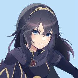 1girl alternate_color armor black_hair blue_background blue_eyes brand_of_the_exalt closed_mouth fire_emblem fire_emblem_awakening hair_between_eyes highres kyashii_(cathyyy_illust) long_hair lucina_(fire_emblem) nintendo shoulder_armor smile solo super_smash_bros. symbol_in_eye tiara twitter_username upper_body