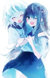 2girls black_bow black_skirt blue_sailor_collar blue_theme blush bow bowtie braid closed_eyes collared_shirt grey_hair hair_bow hanamura_hinako highres hug kitanai_kimi_ga_ichiban_kawaii long_hair medium_hair multiple_girls one_eye_closed open_mouth red_bow red_bowtie red_eyes sailor_collar sezaki_airi shirt short_sleeves side_braid sidelocks single_braid skirt smile unagizaka_gohan white_shirt yuri