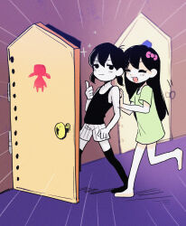 2girls :d ^_^ aubrey_(headspace)_(omori) aubrey_(omori) bare_arms bare_legs bare_shoulders barefoot behind_another black_hair black_tank_top bow closed_eyes closed_mouth colored_skin commentary_request dot_nose double-parted_bangs dress emphasis_lines empty_eyes film_grain full_body gameplay_mechanics genderswap genderswap_(mtf) green_dress hair_between_eyes hair_bow highres in-universe_location indoors long_hair low_twintails multiple_girls no_pupils no_shoes omori omori_(omori) open_door open_mouth pink_bow restroom_symbol short_dress short_hair short_sleeves shorts smile smug sparkle standing standing_on_one_leg straight_hair striped_clothes striped_shorts tairiku tank_top thumbs_up twintails vertical-striped_clothes vertical-striped_shorts walking white_shorts white_skin