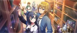 2boys 2girls aqua_(konosuba) arm_up belt black_hair black_jacket blue_eyes blue_hair blue_jacket blue_shirt blue_skirt blush book bookshelf bow bowtie bracelet breasts brown_belt brown_hair cape closed_mouth collar collarbone detached_sleeves eyewear_hang from_above furrowed_brow game_cg green_bow green_bowtie green_cape green_eyes hair_between_eyes hair_ornament hair_rings hairclip hand_on_own_chest highres holding holding_book indoors jacket jacket_partially_removed jewelry jitome kono_subarashii_sekai_ni_shukufuku_wo! konosuba!_fantastic_days lia_(konosuba) light_smile long_hair looking_at_another looking_back medium_breasts miniskirt mitsurugi_kyouya multiple_boys multiple_girls necklace official_alternate_costume official_art open_clothes open_jacket parted_bangs ring ring_necklace satou_kazuma shirt short_hair single_hair_ring skirt sleeveless sleeveless_shirt standing sweatdrop t-shirt unworn_eyewear white_collar white_shirt white_sleeves