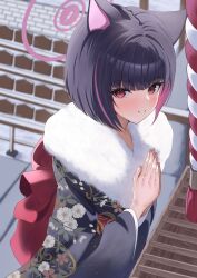 1girl alternate_costume animal_ears back_bow black_hair black_kimono blue_archive blunt_bangs blush bob_cut bow c: cat_ears cat_girl closed_mouth colored_inner_hair commentary_request cowboy_shot eyelashes floral_print floral_print_kimono fur-trimmed_kimono fur_trim furisode halo hands_up hatsumoude highres japanese_clothes jassie26667765 kazusa_(blue_archive) kimono looking_at_viewer medium_hair multicolored_hair new_year outdoors own_hands_clasped own_hands_together pink_hair pink_halo pov print_kimono red_bow red_eyes shrine smile solo split_mouth streaked_hair