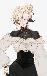 1girl absurdres au_ra belt blonde_hair clothing_request final_fantasy final_fantasy_xiv green_eyes hair_bun hair_ornament hair_stick hand_on_own_hip highres horns liz_gray long_sleeves looking_at_viewer mole mole_under_eye monster_girl multiple_belts scales simple_background single_side_bun sketch smile solo warrior_of_light_(ff14) white_background