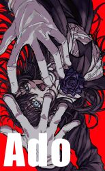 Rule 34 | 1girl, ado (utaite), black coat, black hair, blue eyes, blue flower, blue rose, chando (ado), coat, commentary request, dress shirt, fangs, flower, gloves, gumi (gu3), highres, long hair, mole, mole under eye, open mouth, red background, rose, shirt, simple background, solo, teeth, upside-down, utaite, white gloves, white shirt