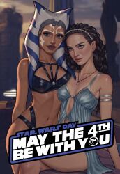 2girls absurdres ahsoka_tano alien blue_eyes brown_eyes brown_hair colored_skin english_text highres lingerie long_hair looking_at_viewer may_the_4th multiple_girls orange_skin padme_amidala star_wars togruta underwear viiperart