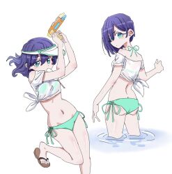 1girl alternate_costume aqua_eyes arms_up ass bare_arms bare_legs bare_shoulders bikini cropped_shirt dalidari27 flip-flops food food_in_mouth green_bikini groin hair_between_eyes haraga_kurumi highres kimi_no_koto_ga_dai_dai_dai_dai_daisuki_na_100-nin_no_kanojo looking_at_viewer midriff mouth_hold multiple_views navel off-shoulder_shirt off_shoulder popsicle popsicle_in_mouth purple_hair ripples sandals shirt short_hair short_sleeves side-tie_bikini_bottom simple_background sketch swimsuit tied_shirt visor_cap wading water water_gun white_background white_shirt