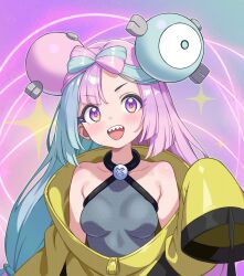 1girl bow-shaped_hair character_hair_ornament hair_ornament hexagon_print highres iono_(pokemon) jacket multicolored_hair nattocurryumeee nintendo oversized_clothes pokemon pokemon_sv sharp_teeth sleeves_past_fingers sleeves_past_wrists solo split-color_hair teeth two-tone_hair very_long_sleeves x yellow_jacket