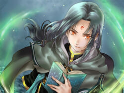 1boy androgynous black_hair book commentary_request facial_mark fire_emblem fire_emblem:_path_of_radiance forehead_mark gii_(bu-chaka) holding holding_book long_hair looking_at_viewer male_focus nintendo orange_eyes solo soren_(fire_emblem) upper_body
