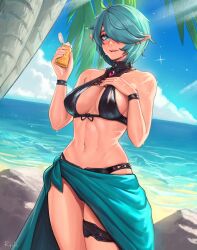 1girl absurdres ahoge aqua_eyes aqua_hair artist_name bare_arms bare_shoulders bikini black_bikini blue_sky blush breasts cloud commentary cowboy_shot day ear_piercing front-tie_top green_sarong hair_over_one_eye hand_on_own_chest hand_up highres holding large_breasts light_rays long_pointy_ears looking_at_viewer lotion mole mole_on_shoulder mole_on_stomach navel ocean one_eye_covered original outdoors palm_tree piercing pointy_ears rgate rock sarong short_hair signature sky smile solo sparkle standing sunbeam sunlight sunscreen swimsuit thigh_strap toned toned_female tree water_drop wet wet_hair wristband