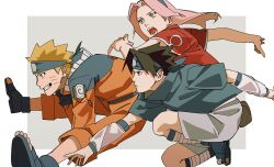 Rule 34 | 1girl, 2boys, absurdres, bandaged leg, bandages, black eyes, black hair, blonde hair, blue boots, blue shirt, boots, border, closed mouth, detached sleeves, facial mark, fanny pack, forehead protector, green eyes, grey background, haruno sakura, highres, jumpsuit, long hair, multiple boys, naruto (classic), naruto (series), open mouth, orange jumpsuit, orange pants, pants, parted lips, pink hair, pnpk 1013, red shirt, shirt, shorts, simple background, spiked hair, two-tone background, uchiha sasuke, uzumaki naruto, whisker markings, white border, white shorts