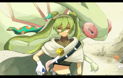 1girl absurdres belt brown_shirt cloak closed_mouth commentary crossover desert double_bun eyelashes floating_hair flygon gen_3_pokemon gloves great_ball green_hair ground_miku_(project_voltage) hair_between_eyes hair_bun hair_ribbon hatsune_miku highres holding holding_poke_ball long_hair looking_at_viewer nintendo outdoors pants poke_ball pokemon pokemon_(creature) project_voltage ribbon sand shirt smile trapinch twintails vocaloid white_gloves yellow_eyes yuu_(yuu777hh)