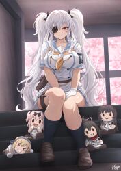 1girl absurdres ankle_socks armband asuka_(senran_kagura) belt_pouch black_armband black_socks blue_sailor_collar breasts brown_shoes cherry_tree closed_mouth commentary eyepatch gloves hands_on_own_thighs hanzou_academy_school_uniform hibari_(senran_kagura) highres holster ikaruga_(senran_kagura) indoors katsuragi_(senran_kagura) kunai large_breasts light_blush long_hair looking_at_viewer neckerchief official_alternate_costume pouch red_eyes sailor_collar school_uniform senran_kagura senran_kagura_new_link shirt shoes shuriken shuriken_hair_ornament sitting sitting_on_stairs skirt smile socks solo squid stairs syn_(synstyle) thigh_holster twintails wavy_hair wavy_sidelocks weapon white_gloves white_hair white_shirt white_skirt yagyu_(senran_kagura) yellow_neckerchief