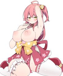 1girl absurdres ahoge armpits blush bow breasts green_eyes hair_ornament heart heart-shaped_pupils heart_in_eye highres hololive kuma_no_bansoukou lactation large_breasts looking_at_viewer nipples pink_hair sakura_miko sakura_miko_(1st_costume) simple_background sweat symbol-shaped_pupils symbol_in_eye thick_thighs thighs virtual_youtuber white_background