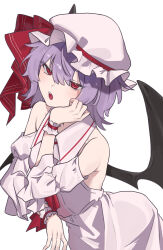 Rule 34 | 1girl, bat wings, bow, demon wings, detached sleeves, dress, hat, hat bow, highres, looking at viewer, mob cap, momotrtr10, off shoulder, open mouth, purple eyes, purple hair, red eyes, remilia scarlet, short hair, solo, touhou, white background, wings