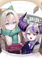 Rule 34 | 2girls, ahoge, black hairband, blonde hair, blue eyes, blush, candy, checkered clothes, chocolate, chocolate bar, commentary request, cross hair ornament, fang, fisheye, food, green scarf, grocery store, hair between eyes, hair ornament, hairband, highres, holding, holding chocolate, holding food, hololive, kazama iroha, la+ darknesss, large horns, leaf hair ornament, long sleeves, looking at food, looking at viewer, multiple girls, necktie, open mouth, pointy ears, purple necktie, scarf, shelf, shop, shopping, short hair, skin fang, standing, translation request, virtual youtuber, winter clothes, xue lian wa noel, yellow eyes