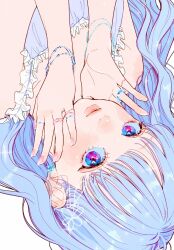 1girl blue_eyes blue_hair blush bracelet closed_mouth earrings eyelashes frills highres jewelry lips long_hair looking_at_viewer multiple_rings nose_blush original pink_lips ring shoulder_blush smile solo upper_body upside-down wavy_hair wispy_bangs yoshino_ganko