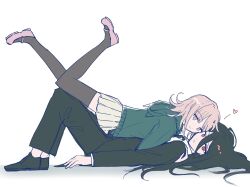 Rule 34 | 1boy, 1girl, black hair, black jacket, black pants, black shoes, brown thighhighs, commentary, danganronpa (series), danganronpa 2: goodbye despair, flipped hair, green hoodie, heart, highres, hood, hoodie, jacket, kamukura izuru, knees up, long hair, long sleeves, lying, lying on person, nanami chiaki, on back, on stomach, pants, pink eyes, pink hair, pink shoes, pleated skirt, red eyes, shirt, shoes, short hair, simple background, sketch, skirt, smile, thighhighs, tristia (renixxxxv), white background, white shirt, yellow skirt