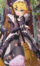 Rule 34 | 1girl, alternate costume, apron, aqua eyes, black bow, black bowtie, black dress, blonde hair, bow, bowtie, broom, bucket, cherry blossoms, dokibird (vtuber), door, dress, fang, frills, full body, grey thighhighs, hair ornament, hairclip, head rest, highres, indie virtual youtuber, itsuki (itsukii en), long sleeves, looking at viewer, maid, maid apron, maid headdress, open mouth, plant, potted plant, rainbow, shoes, short hair, sitting, smile, solo, thighhighs, virtual youtuber
