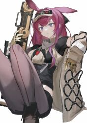 Rule 34 | 1girl, 2naom8q6gt87292, absurdres, arknights, black shirt, brown pantyhose, commentary, feet out of frame, gloves, hair intakes, highres, holding, long hair, looking at viewer, multicolored hair, pantyhose, parted lips, pink hair, purple eyes, purple hair, ray (arknights), revision, shirt, short sleeves, simple background, single ear down, solo, streaked hair, visor cap, white background, yellow gloves
