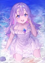 1girl absurdres chest_jewel colored_inner_hair dress gem highres hololive hololive_english jewel_under_eye koseki_bijou long_hair multicolored_hair ocean open_mouth pebble_(koseki_bijou) pink_hair purple_eyes purple_gemstone purple_hair sitting solo uoca virtual_youtuber wariza water white_dress