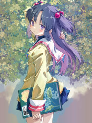 Rule 34 | 1girl, akayama yukihe, blue skirt, book, clannad, expressionless, hair flowing over, highres, hikarizaka private high school uniform, holding, holding book, ichinose kotomi, jacket, looking at viewer, looking to the side, purple eyes, purple hair, school uniform, skirt, solo, yellow jacket