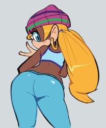 1girl alternative amekaji ass back bad_tag beanie blonde_hair blush crop fashion from_behind ganguro gesture gyaru hat headgear hoop j-fashion jewelry midriff non-web_source pants piercing ring shirt short_twintails sign solo sweatpants tiny_kong twintails v y2k