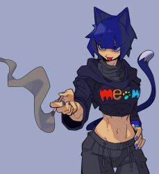 1girl :p animal_ears blue_background blue_eyes blue_hair blue_nails blue_tail blunt_bangs bone_nigi cat_ears cat_girl cat_tail cigarette cowboy_shot cropped_jacket hand_on_own_hip highres holding holding_cigarette kurogai_(bone_nigi) midriff navel original short_hair slit_pupils smoke solo tail tongue tongue_out