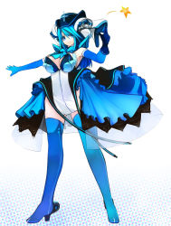 1girl blue_eyes blue_hair dress elbow_gloves female_focus gloves hat long_hair matching_hair/eyes pixiv pixiv-tan pupps solo thighhighs