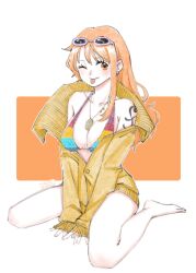 1girl bare_legs bare_shoulders barefoot bikini blush breasts cleavage closed_mouth collarbone commentary cynthia_(user_rrcz7734) earrings eyewear_on_head full_body halterneck highres jewelry large_breasts long_hair long_sleeves looking_at_viewer multicolored_bikini nami_(one_piece) necklace official_alternate_costume one_eye_closed one_piece one_piece_film:_z pearl_earrings shirt shoulder_tattoo single_sidelock sitting sleeves_past_wrists smile solo sunglasses swimsuit tattoo tongue tongue_out wariza wavy_hair yellow_shirt