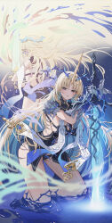2girls absurdres black_collar black_dress black_panties blonde_hair blue_eyes blue_hair braid breasts cartethyia_(wuthering_waves) collar colored_inner_hair commentary crown_of_thorns dress dual_persona earrings fleurdelys_(wuthering_waves) floating_earrings gonggo highres holding holding_sword holding_weapon horns huge_breasts jewelry kneeling long_hair long_horns looking_at_viewer multicolored_hair multiple_girls necklace panties parted_lips pointy_ears single_horn sword tabard tacet_mark_(wuthering_waves) thighs underwear very_long_hair weapon white_tabard wuthering_waves yellow_horns