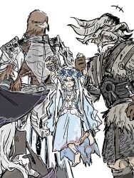 2boys 2girls angry armor barefoot black_skin braid carrying carrying_person colored_skin doll_joints dress elden_ring elden_ring_nightreign feet flower flower_wreath frmtanoshingo from_side full_body fur_trim guardian_(elden_ring) hair_flower hair_ornament hat head_wreath height_difference highres jewelry joints long_hair low-braided_long_hair low-tied_long_hair low_twin_braids multiple_boys multiple_girls raider_(elden_ring) recluse_(elden_ring) revenant_(elden_ring) shoulder_armor size_difference skull smile twin_braids veil white_background white_dress white_hair white_veil witch witch_hat