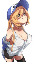 1girl arms_behind_back black_shorts black_thighhighs blonde_hair blue_eyes blue_hat breasts cleavage closed_mouth collarbone covered_erect_nipples fu-ta hat highres large_breasts long_hair looking_at_viewer original shorts simple_background smile solo ta-cchan_(fu-ta) tank_top thighhighs thighs white_background white_tank_top