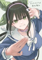 1girl angry bell black_hair bow bowtie breasts chabashira_tenko choker clenched_teeth collarbone commentary danganronpa_(series) danganronpa_v3:_killing_harmony eyelashes fighting_stance green_eyes hair_ribbon hairband hands_up highres light_blush long_hair long_sleeves looking_at_viewer low_twintails mole mole_under_mouth neck_bell pink_choker pink_hairband ribbon ringed_eyes sailor_collar school_uniform shirt simple_background solo teeth toridbd twintails upper_body virtual_youtuber white_bow white_bowtie
