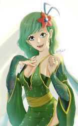 1girl absurdres breasts detached_sleeves earrings final_fantasy final_fantasy_iv final_fantasy_iv:_the_after_years green_eyes green_hair hair_ornament highres jewelry long_hair looking_at_viewer nail_polish aged_up open_mouth rydia_(ff4) smile solo yakisake_arimasu