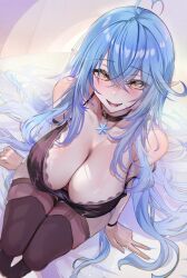 Rule 34 | 1girl, ahoge, alternate costume, bare shoulders, bed sheet, belt collar, black tank top, black thighhighs, blue hair, blue nails, blush, bra, breasts, cleavage, collar, collarbone, commentary, crossed bangs, elf, eyelashes, fingernails, from above, hair over shoulder, hair spread out, heart, heart ahoge, highres, hololive, inward w, lace, lace-trimmed bra, lace trim, large breasts, long hair, looking at viewer, no shoes, omoti (1201208), open mouth, pendant choker, perspective, pointy ears, sitting, smile, snowflake pendant, solo, strap slip, tank top, thigh strap, thighhighs, underwear, virtual youtuber, wristband, yellow eyes, yukihana lamy