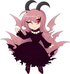 Rule 34 | 1girl, bead necklace, beads, chibi, chibi only, closed mouth, demon girl, demon horns, dress, full body, funamusea, gallaxi, hair wings, hand up, high heels, horns, jewelry, lil (funamusea), long hair, looking to the side, necklace, pink hair, purple dress, red eyes, signature, smile, solo, sparkle, transparent background